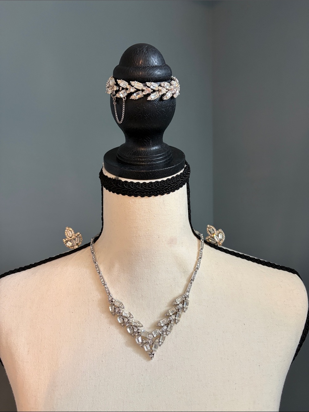 Vintage Silver Crystal Leaf V-Shape Necklace, Bracelet, Earrings